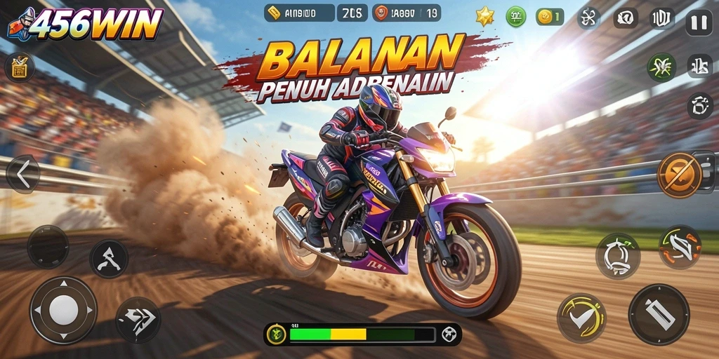 Screenshot utama 456WIN menampilkan aksi balapan motor yang menegangkan.
