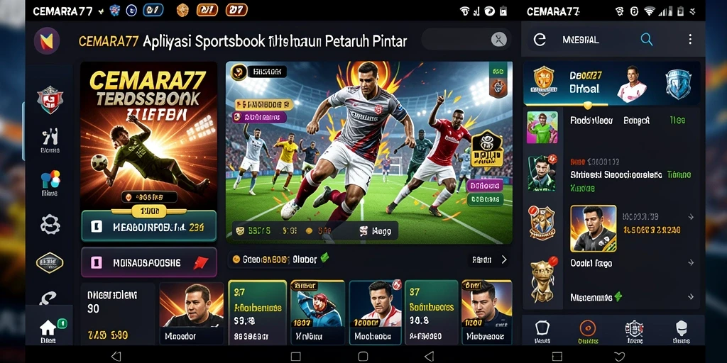 Tampilan utama aplikasi CEMARA77 dengan fitur taruhan Sportsbook.