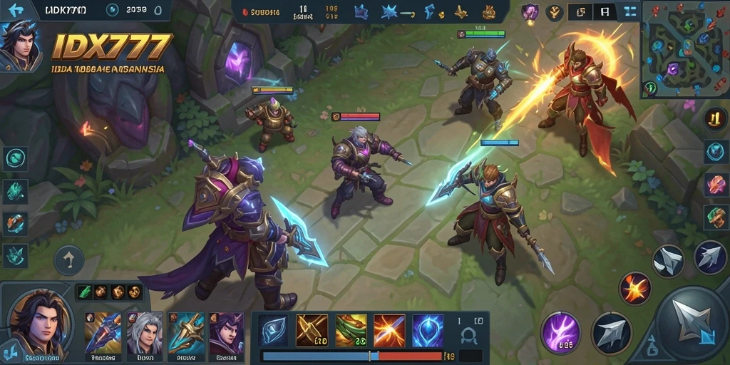 Screenshot menunjukkan pertarungan seru di arena IDX777 dengan karakter yang berbeda.