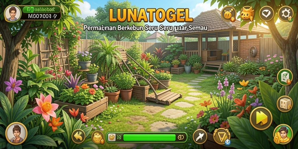 Screenshot utama gameplay LUNATOGEL yang menunjukkan kebun yang indah dan subur.