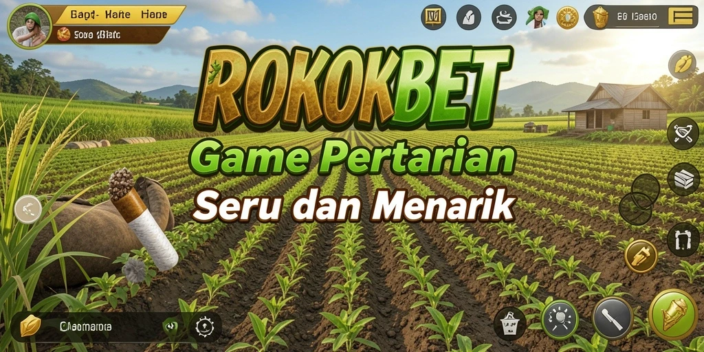 Tampilan permainan ROKOKBET dengan kebun yang subur dan aktivitas bertani.
