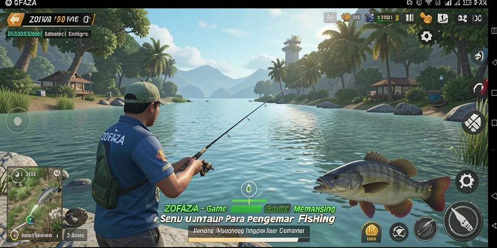 Tampilan gameplay ZOFAZA yang memukau saat memancing di danau.